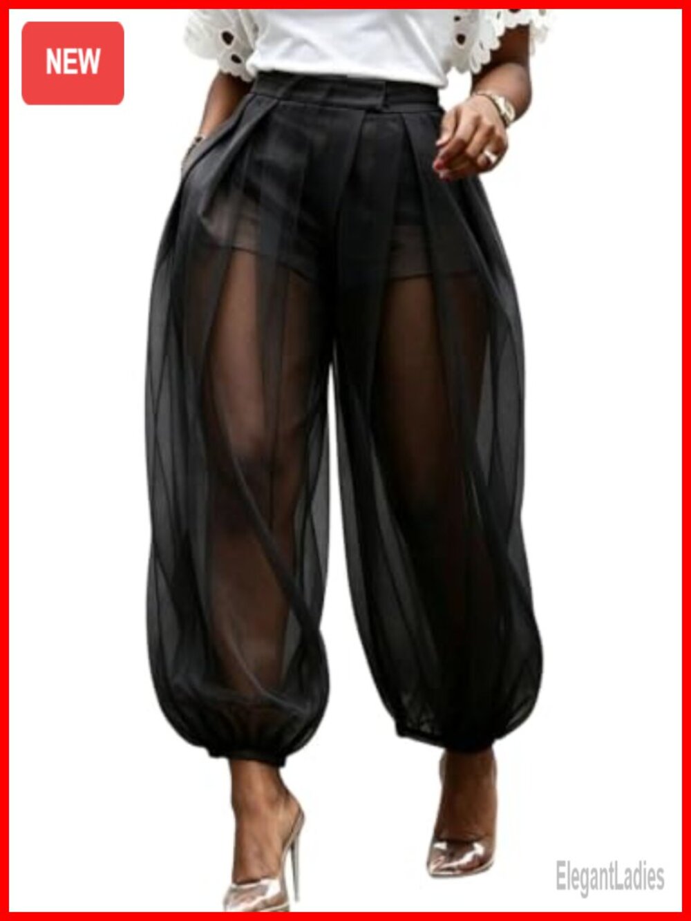 Women Sheer Mesh Balloon Pants Pleated High Waisted Loose Fit Beach Cover Up